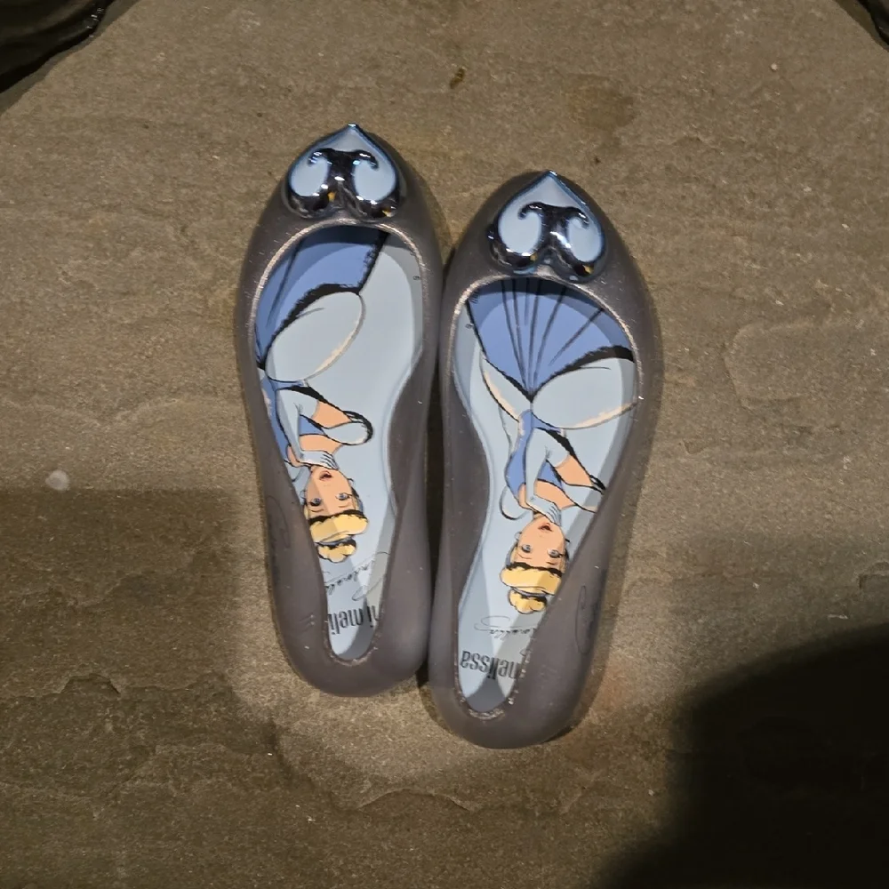 Mini Melissa Disney Girl's Silver Cinderella Jelly Flats w/ Heart Detail Size 13
